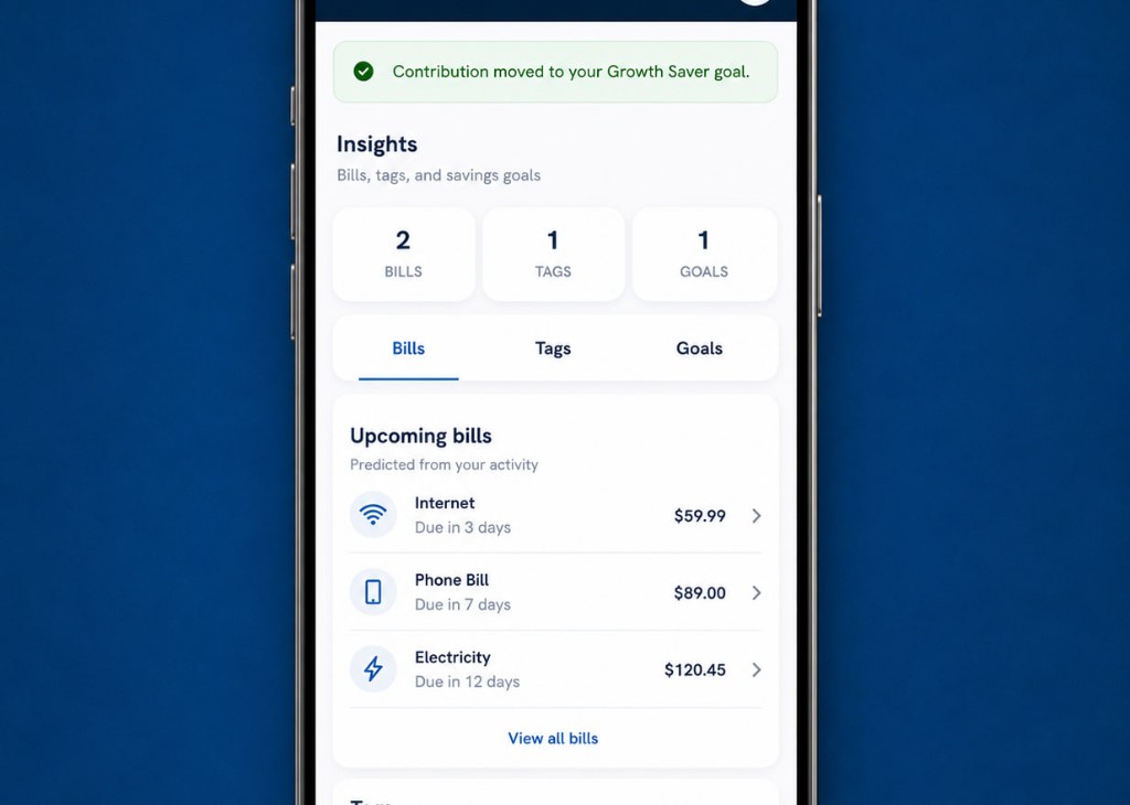 MShore Insights — bills, tags, and savings goals